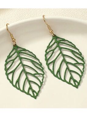 Filigree Green Leaf Gold Toned Dangle Earrings
